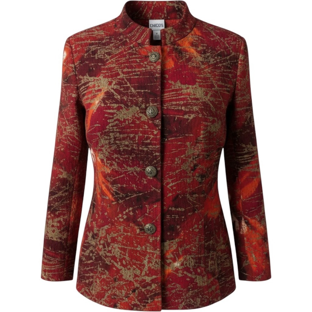 Chicos Asian Inspired Crinkle Jacket Blazer Red Gold Metallic Cotton Size 1 M